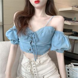 Men's Casual Shirts HStar Women Vintage Denim Spaghetti Strap Off Shoulder Puff Short Sleeve Tank Tops Female Sexy Club Lace-up Camisole