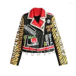 Women's Leather Women Jacket Fashion Motorcycle Outwear Slim Graffiti Letters Spell Colour Short Coat