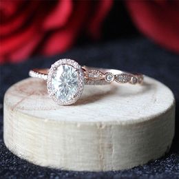 Solitaire Ring Wedding Rings Solid 14K Rose Gold Set Oval Cut 8X6mm 15CT Engagement Match Band For Women 220829