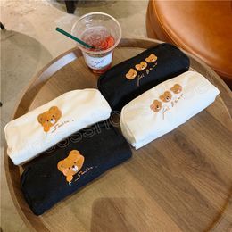 Solid Color Women Canvas Cosmetic Bags Lovely Brown Bear Embroidered Students Pen Case Handbags Female Portable Clutch Purse Bag