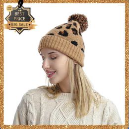 Berets Winter Women Hat Thick Warm Fashionable Caps For Girls & Female Leopard Design Knitted With/ball Nice Gift