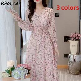 Casual Dresses Long Sleeve Dress Women V neck Floral Chiffon 3 Colours Holiday Romantic Girls Sweet All match Soft A line Tender Clothing Chic 220831