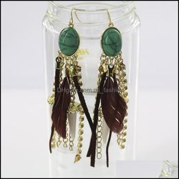 Dangle Chandelier Imitation Turquoise Feather Tassels Dangle Earring Girl Lady Natural Stone Leather Rope Diamond Inlay E Mjfashion Dhnbi