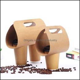 Party Decoration Disposable Kraft Paper Cup Base Handle Holder Eco Friendly Coffee Milk Tea Tray Takeaway Drink Packaging 50Pcs/Lot S Dhhsc