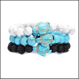 Charm Bracelets Summer Style Sea Turtle Beads Bracelets Classic 8Mm Turquoise Natural Stone Elastic Friendship Bracelet Dhseller2010 Dhc2G