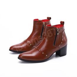 Winter High Heel Men Boot Rivets Genuine Leather Ankle Boots Cowboy Party Short Boots Man Formal Dress Shoes