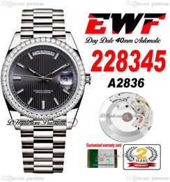 EWF Day Date 228345 A2836 Automatic Mens Watch 40 Diamonds Bezel Grey Textured Stick Dial Presidential Bracelet Same Serial Card Super Edition Puretime E5