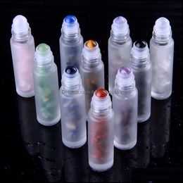 Packing Bottles 10Pcs Natural Semiprecious Stones Essential Oil Gemstone Roller Ball Bottles Frosted Glass 10Ml Healing Crystal Chips Dhjoc