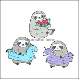 Pins Brooches Sloth Swim Ring Eat Watermelon Personality Creative Brooch Cartoon Special Tide New Lapels Denim Coat Badge Pins Drop Dh24F