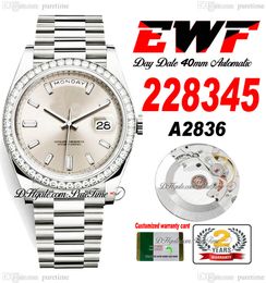 EWF Day Date 228345 A2836 Automatic Mens Watch 40mm Diamonds Bezel Silver Baguette Sundust Dial Presidential Bracelet Same Serial Card Super Edition Puretime A1