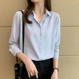 Women's Blouses Women's Shirt Chiffon For Women Long Sleeve Top Office Lady Button Up Shirts Blue Neck Female Basic