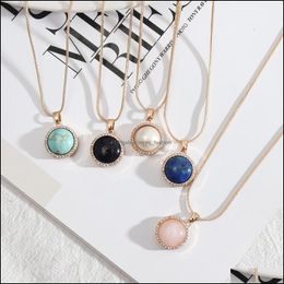 Pendant Necklaces Women Necklace 17Mm Round Lapis Lazi Pearl Turquoise Rose Natural Stone Quartz Pendant Gold Snake Chai Dhseller2010 Dhi4M