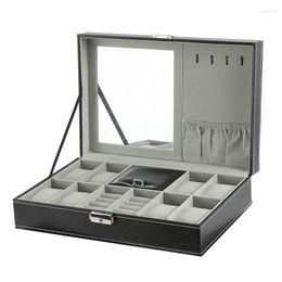 Watch Boxes Jewelry Organizer Box PU Leather With Mirror Lockable Lid Storage Case For Earrings Bracelets Buttons Pendants