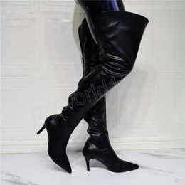 Fashion Women Men Winter Thigh High Boots Sexy Stiletto Heels Pointed Toe Elegant Black Shoes Women