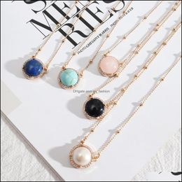 Pendant Necklaces 17Mm Round Lapis Lazi Pearl Turquoise Rose Natural Stone Quartz Pendant Gold Chain Necklaces Geometric Dhseller2010 Dhxew