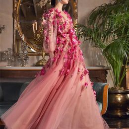 Party Dresses Rose Pink Prom Dresses 3D Floral Flowers Long Sleeves V Neckline C 220823