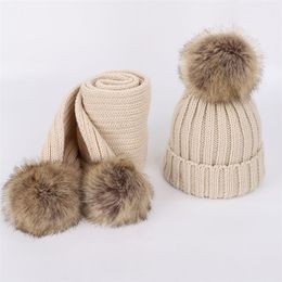 Caps Hats Girl winter hats Beanie Warm Knitted and Scarf Set Children Real Fur Pompon Winter Keep warm 5055cm 220830