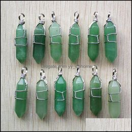 Charms Sier Color Wire Wrapped Green Aventurine Pillar Charms Hexagon Pendum Pendant Healing Crystal Stone Hangings Fashion Jewelry M Dhtvu