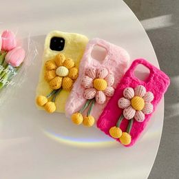 3D Yellow Sunflower Plush Cases For Iphone 15 14 13 Pro Max 12 11 X XS XR 8 7 6 Plus Fashion Genuine Rabbit Hair Flower Floral Fluffy Fur Girls Soft TPU Fuzzy Mobile Cover