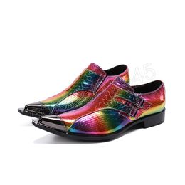 Fashion Rainbow Color Laser Men Real Leather Shoes Buckle Pointed Toe Man Party Dress Shoes Formal Business Shoes