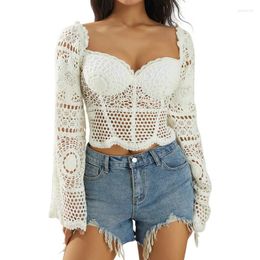 Women's Sweaters Women Hollow Out Sexy Mesh Crop Tops Transparent Long Bell Sleeve Solid Colour Backless Slim Crochet T-Shirts Club Wear