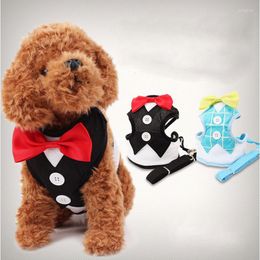 Dog Collars Fashion Harness & Leash Pet Leads For Small Dogs Puppy Vest With Bow Tie Party Wedding Formal Tuxedo Costume