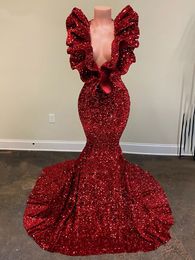 Burgundy Sequin Long Mermaid Evening Dresses 2023 Black Girl Ruffles V-Neck Sleeveless Formal Prom Gown for party