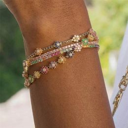 Bangle Arrived Fashion Thin Sparking Cz Colorful Flower Link Chain Bracelet Women Charming Romantic Gold Color Wedding Jewelry 220831