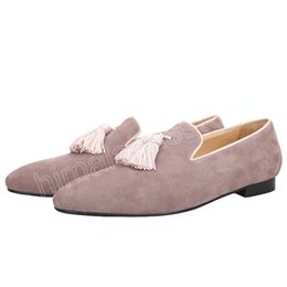 Pink Colour Cow Suede Dress Shoes Men's Tassel Loafers British Style Handmade Man Smoking Slippers Slip-On