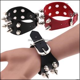 Charm Bracelets Pretty Leather Bracelet Unique Four Row Cuspidal Spikes Rivet Stud Wide Punk Gothic Rock Unisex Cuff Bangle Yydhhome Dh3Ey