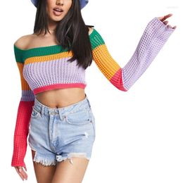 Women's Sweaters Women's Women Off Shoulder Short Sweater Long Sleeve Contrast Colour Hollow-Out Knitted Crop Tops Striped Pattern Navel