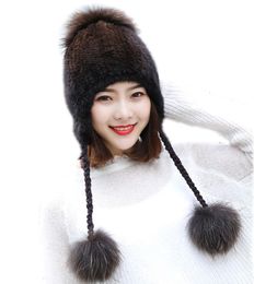 Women Real Mink Fur Hats With Fox Fur Balls Winter Earmuffs Cap High Elastic