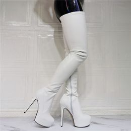 Super High Heel Platform Boots Women Men Stiletto Over The Knee Faux Leather Stretch Sock Boots Slim Fit Shoes