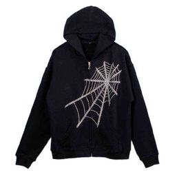 Men's Hoodies Sweatshirts Spider Hoodie Rhinestone Web Skeleton Print Black Y2k Goth Long-sleeve Full Zip Hoodies Oversized Jacket Fashion Sp5der Hoodie 653