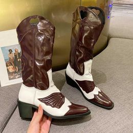 Boots 2022 Autumn Winter Western Cowboy Women Designer Embossed Pu Leather Square Toe Mid Calf Chunky High Heels Wedges