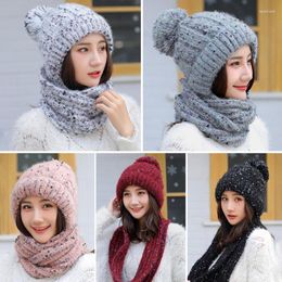 Berets Knitted Cap Korean-Style Women Autumn Winter Warm Woolen Yarn Circle Loop Scarf Casual Soft Thick Hat 5 Colors