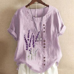 Women's Blouses Elegant Lavende Print Cotton Linen Shirt Casual Summer Women O-Neck Short Sleeve White Pullover Top Fashion Street Flower