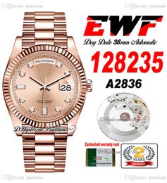 EWF Day Date 128235 A2836 Automatic Unisex Watch Mens Ladies 36 Rose Gold Champagne Diamonds Dial Presidential Bracelet Same Serial Card Super Edition Puretime RG-D4