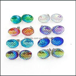 Stud 13X18Mm Oval Mermaid Fish Scale Stud Earrings Stainless Steel Earings Drusy Druzy Jewelry Women Party Gift Dress Candy Colors Dr Dhqtz