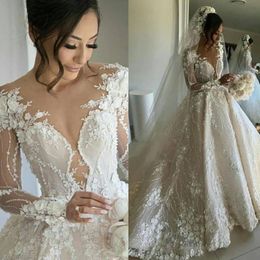 Full Beading Ball Dress Illusion Long Sleeve Open Back Wedding Gowns Bride Dresses 0523