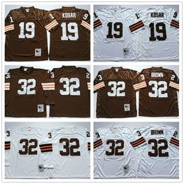 Vintage Cleveland Mens Brown #32 Jim Brown Jersey 19 Bernie Kosar Wholesale Long Sleeve White Brown 100% Stitched Football Jerseys Shirts