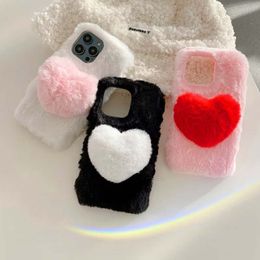 3D Heart Love Cases For iPhone 15 Plus 14 Pro Max 13 12 11 XR XS X 8 7 6 Fashion Rabbit Genuine Hair Lovely Fluffy Fur Girls Soft TPU Cute Holder Covers Mobile Phone Back Skin