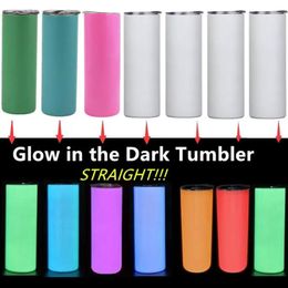 Sublimation Blanks 20oz Tumbler Glow In The Dark Straight Cups Double Wall Stainless Steel Vacuum Insulated Bottle Skinny Tumblers With Luminous Paint Luminous