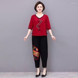 Women's Two Piece Pants Chinese Style Mother Summer Cotton Linen Short Sleeve T-shirt Ops Middle-aged Women Pieces Suits Female Age 2