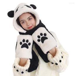 Berets 3-in-1 Multi-functional Cute Cartoon Thick Hat Panda Eye Print Ear Protect Warm Plush Scarf Gloves Set Women