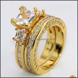 Band Rings Couple Rings - Mens Double Row Zircon Stainless Steel Womens 18K Yellow Gold Filled White Sapphire Diamond Ring 633 Q2 Dro Dhvsw