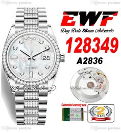 EWF Day Date 128349 A2836 Automatic Unisex Watch Mens Ladies 36mm MOP Dial Diamonds Case And Presidential Bracelet Same Serial Card Super Edition Puretime C3