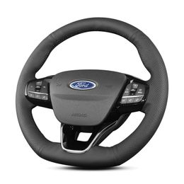 custom black leather hand sewn steering wheel cover 2020-2021 for Ford Focus active escape edge plus