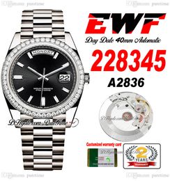 EWF Day Date 228345 A2836 Automatic Mens Watch 40mm Diamonds Bezel Black Baguette Sundust Dial Presidential Bracelet Same Serial Card Super Edition Puretime B2