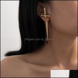 Stud S2408 Europe Fashion Jewellery Single Piece Long Sword Stud Earring Cool Hip-Hop Red Drop Cross Earrings 143C3 Delivery 2 Mjfashion Dhtgu